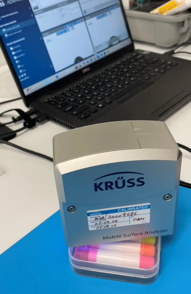 Products are tested with a surface analyzer to determine surface activation and cleanliness.