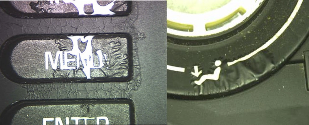 Figure 3: Examples of paint swelling and separation from the plastic substrate after chemical exposure.